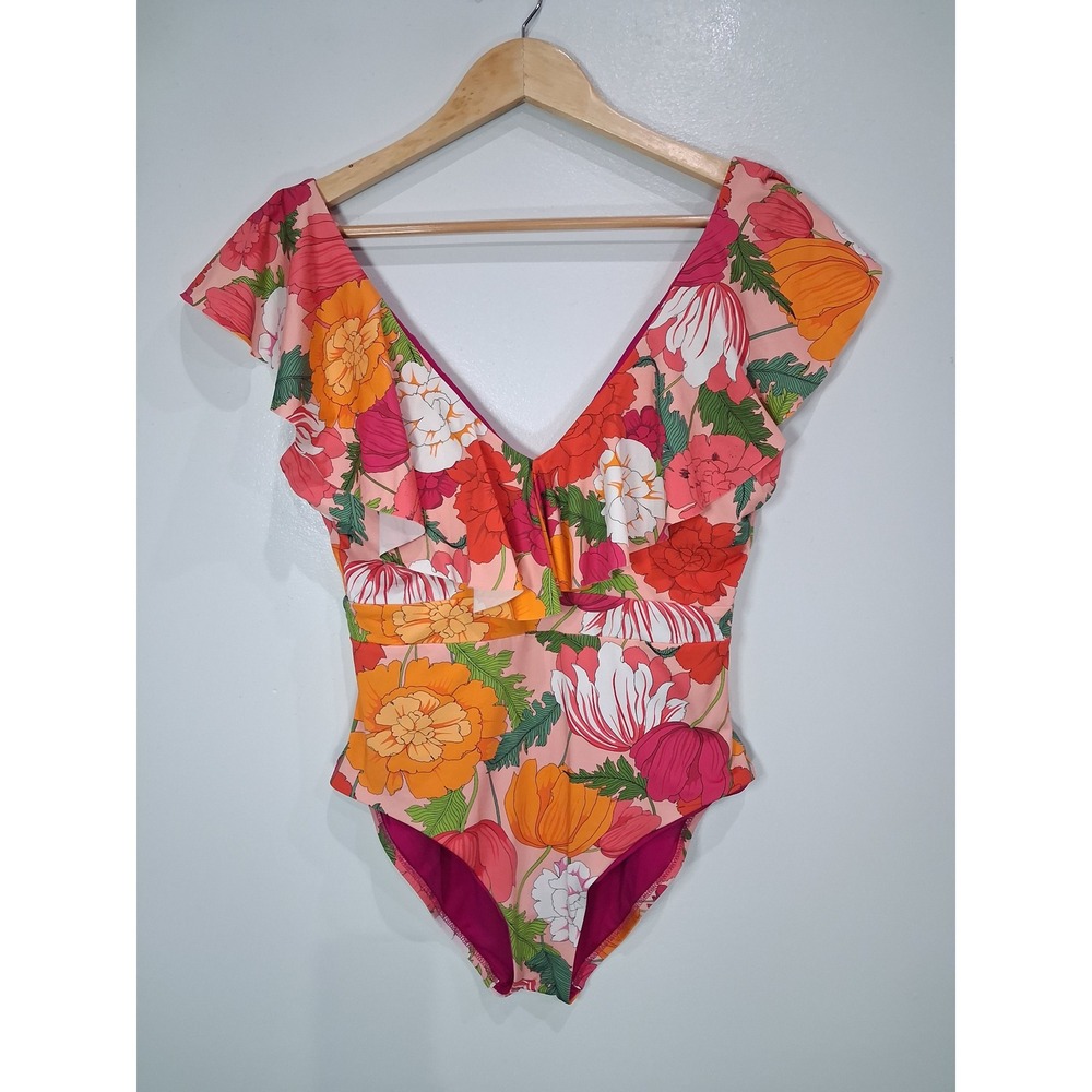 Trina Turk Sunny Bloom Pink Orange Floral Ruffle V-Neck One Piece Swimsuit Sz 12